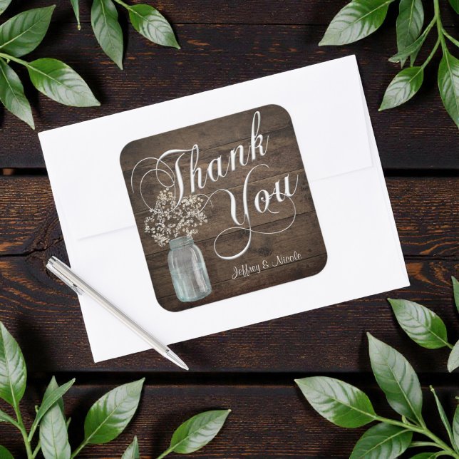 Rustic Barn Wedding Wood Mason Jar Babys Breath Square Sticker (Creator Uploaded)