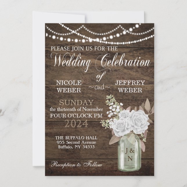 Rustic Barn Wedding Wood Mason Jar Floral Invitation (Front)