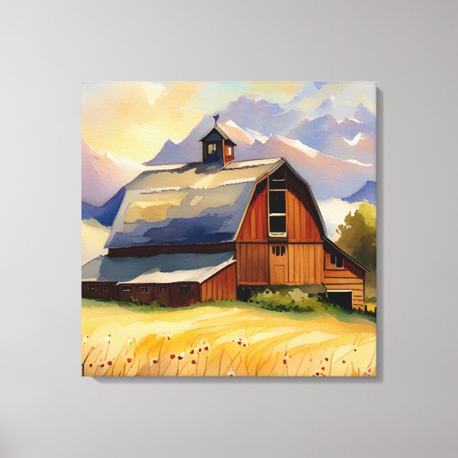 Rustic Barn Wheat Field & Mountains Watercolor Canvas Print (Front)