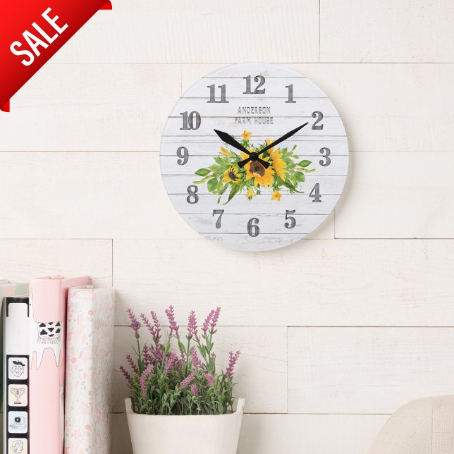 Rustic Barn White Grey Wood Sunflowers Kitchen Large Clock (Creator Uploaded)