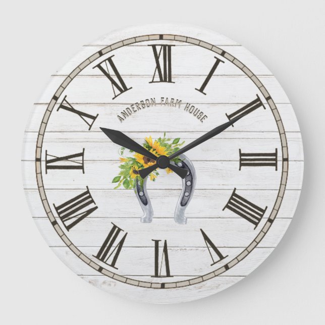 Rustic Barn White Wood Sunflowers Horseshoe Large Clock (Front)