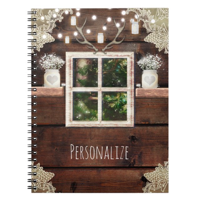 Rustic Barn Window Tree & Mason Jar Country Custom Spiral Notebook (Front)