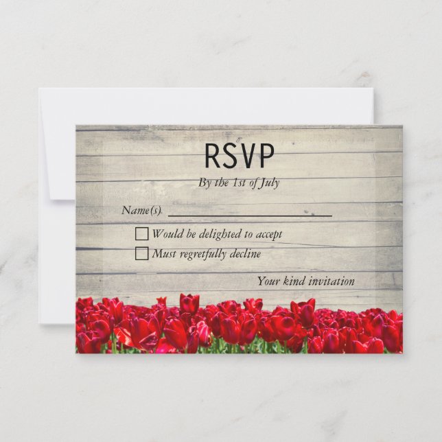 Rustic barn with red tulips response card (Front)