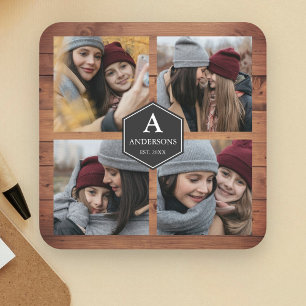 Rustic Barn Wood 4 Pictures Family Photo Collage Square Paper Coaster