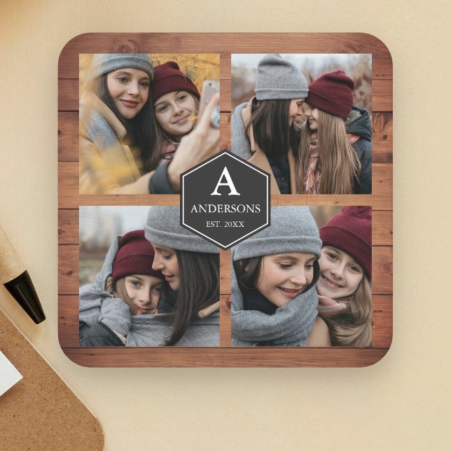 Rustic Barn Wood 4 Pictures Family Photo Collage Square Paper Coaster (Creator Uploaded)
