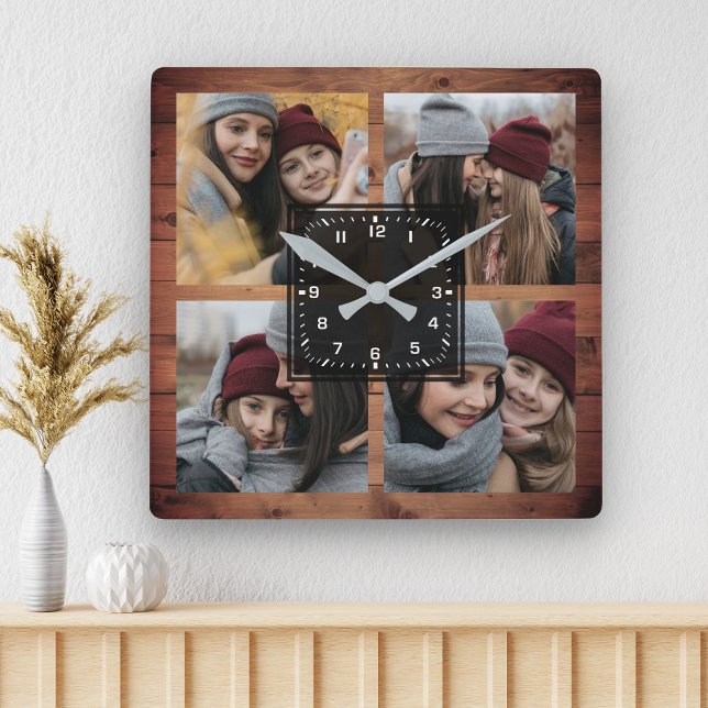 Rustic Barn Wood 4 Pictures Family Photo Collage Square Wall Clock (Creator Uploaded)