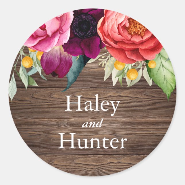 Rustic Barn Wood and Flowers Wedding Classic Round Sticker (Front)