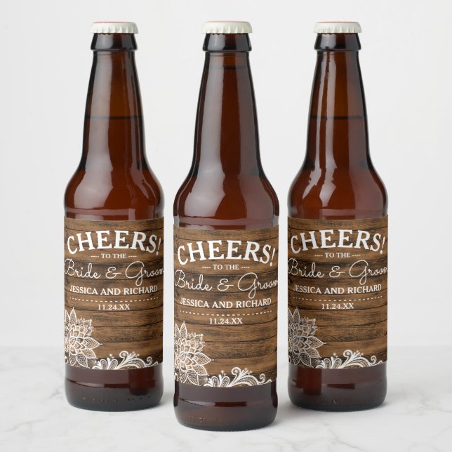 Rustic Barn Wood and Lace | Personalised Wedding Beer Bottle Label (Bottles)