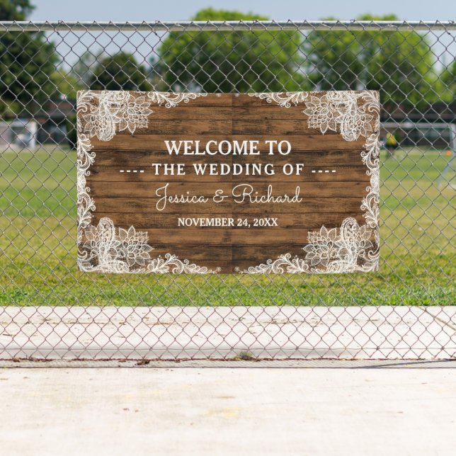 Rustic Barn Wood and Lace Wedding Banner (Insitu)
