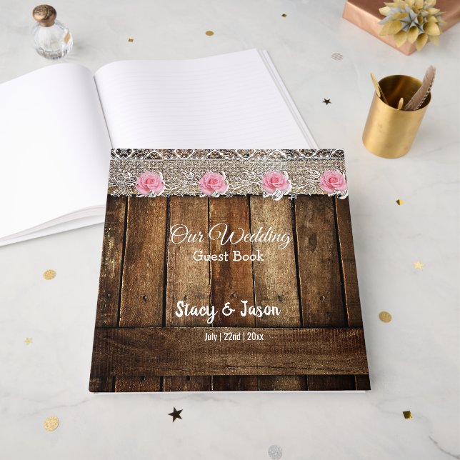 Rustic Barn Wood and Lace Wedding Guest Book (Front Open)