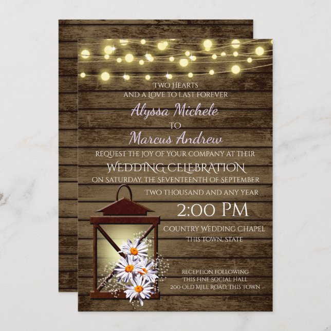 Rustic Barn Wood and Lantern with Daisies Invitation (Front/Back)