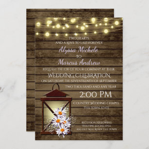 Rustic Barn Wood and Lantern with Daisies Invitation
