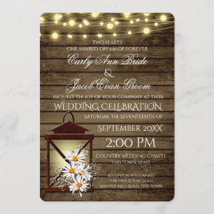Rustic Barn Wood and Lantern with Daisies Invitation