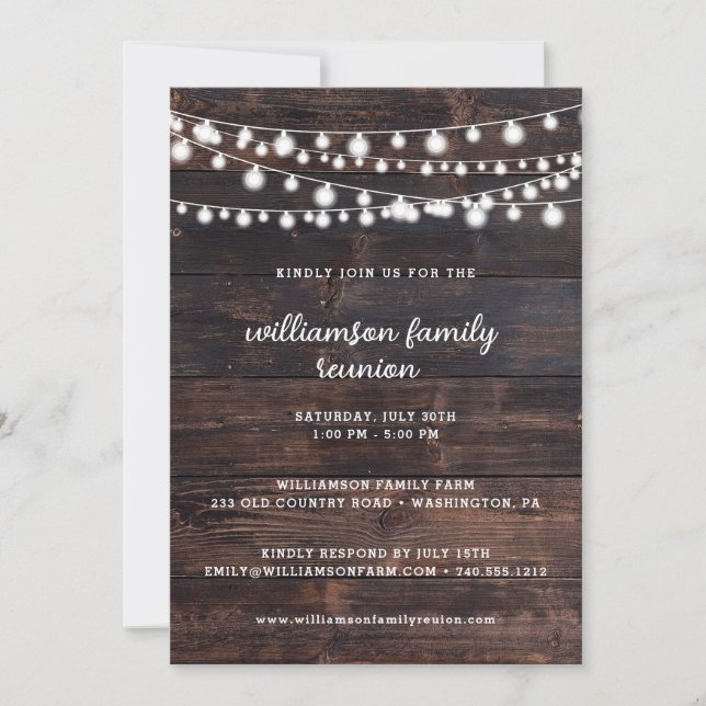Rustic Barn Wood and String Lights Family Reunion  Invitation (Front)