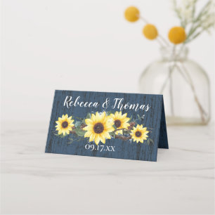 Rustic Barn Wood and Sunflowers Blue Place Card