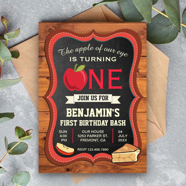 Rustic Barn Wood Apple 1st First Birthday Invite (Creator Uploaded)