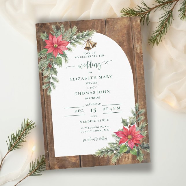 Rustic Barn Wood Arch Greenery Xmas Winter Wedding Invitation (winter wedding invitation rustic wood greenery floral poinsettia christmas green red elegant )