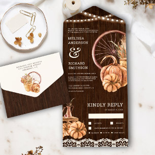 Rustic Barn Wood Autumn Fall Boho Pumpkin Wedding All In One Invitation