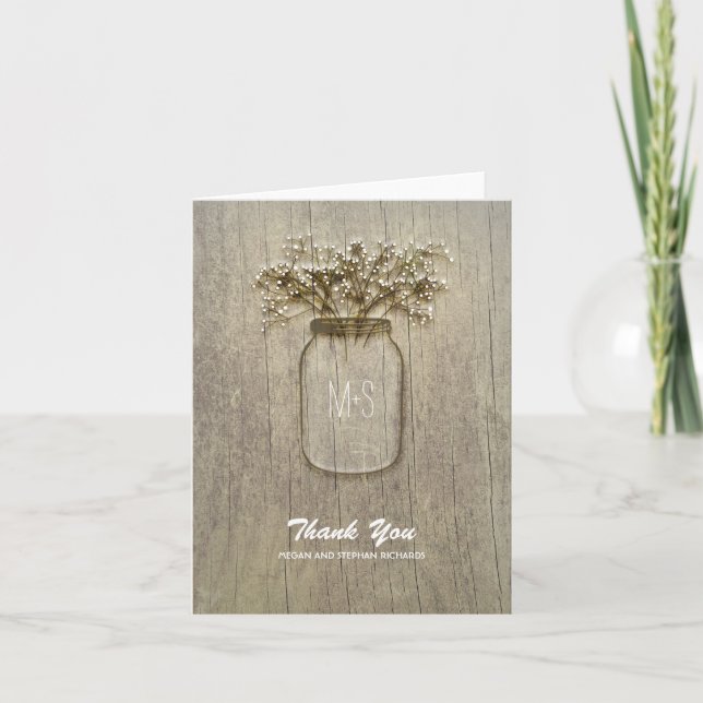 rustic barn wood baby's breath mason jar thank you card (Front)