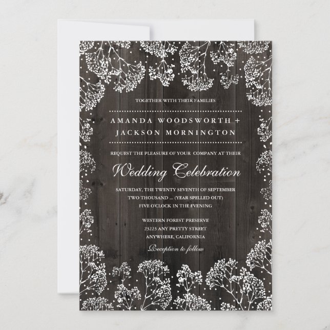 Rustic Barn Wood Baby's Breath Wedding Invitations (Front)