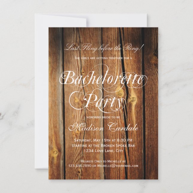 Rustic Barn Wood Bachelorette Party Invitations (Front)