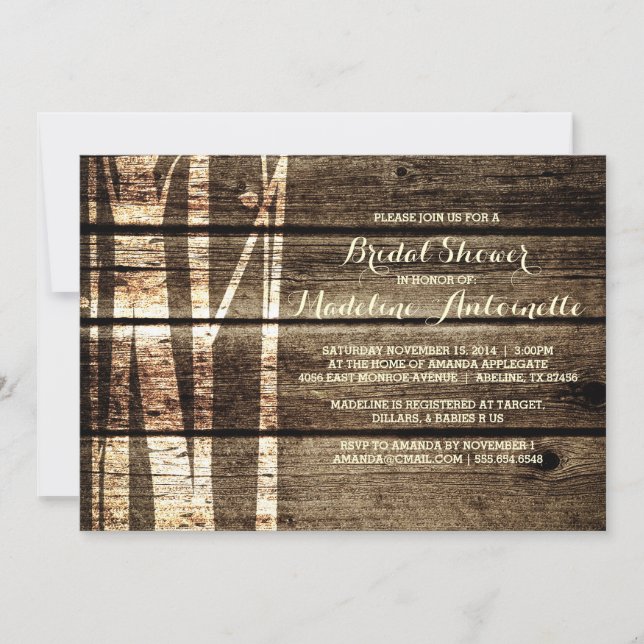 Rustic Barn Wood Birch Trees Winter Bridal Shower Invitation (Front)