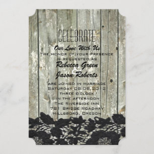 rustic barn wood black lace modern country wedding invitation