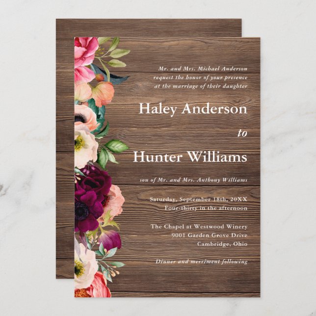 Rustic Barn Wood Boho Botanical Wedding Invitation (Front/Back)