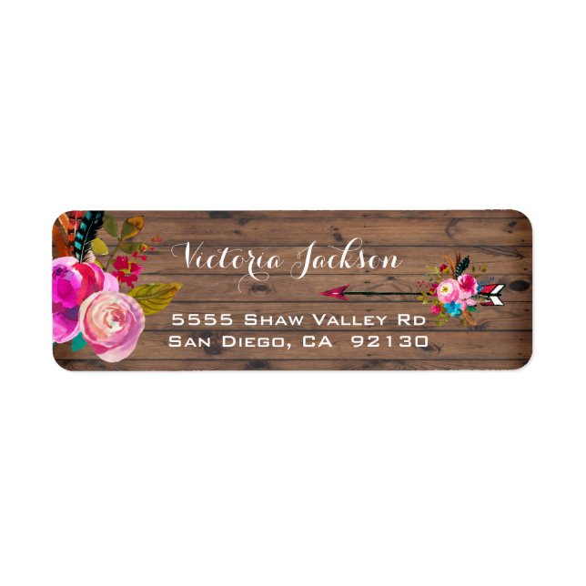 Rustic Barn Wood Boho floral address label (Front)