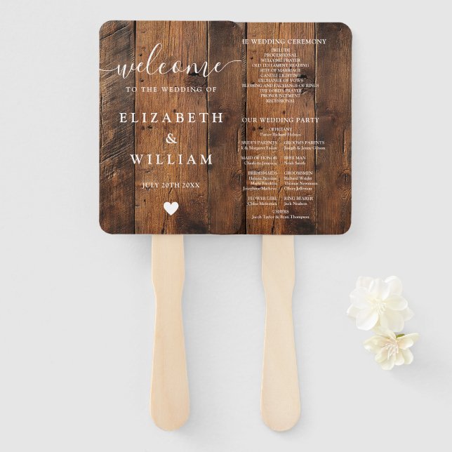 Rustic Barn Wood Boho Wedding Program Hand Fan (Front and Back)
