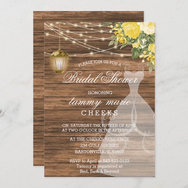 Rustic Barn Wood Bridal Shower - Yellow Invitation (Front/Back)