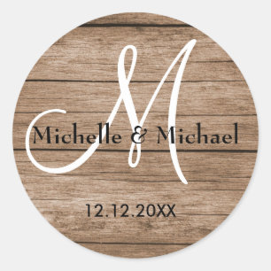 Rustic Barn Wood Bride And Groom Monogram Classic Round Sticker