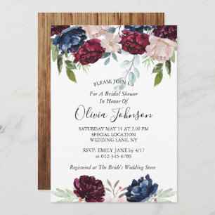 Rustic Barn Wood Burgundy Floral Bridal Shower Invitation