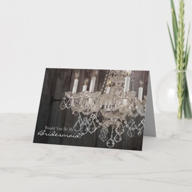 Rustic barn wood chandelier wedding invitation (Front)