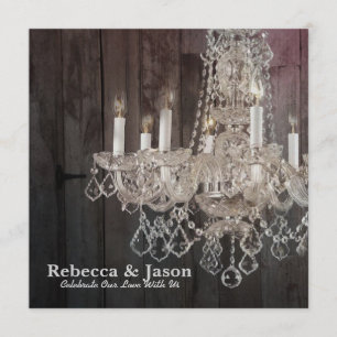 Rustic barn wood chandelier wedding invitation