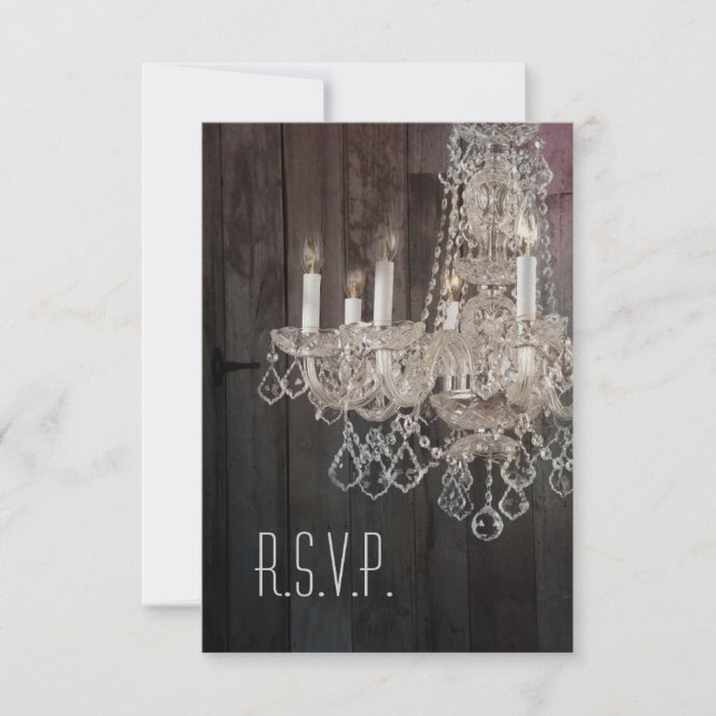 Rustic barn wood chandelier wedding RSVP response (Front)