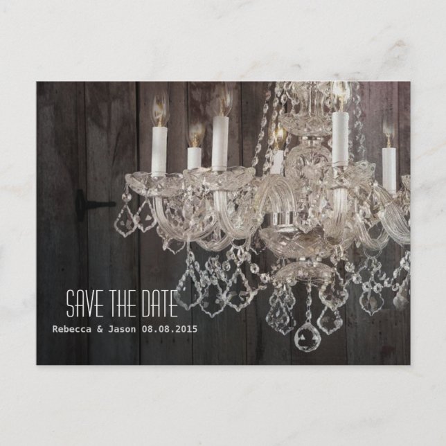 Rustic barn wood chandelier wedding save the date announcement postcard (Front)