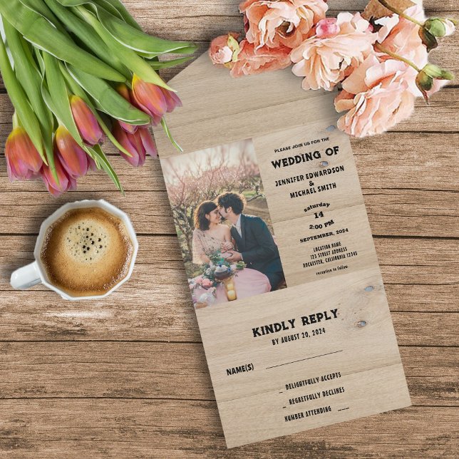 Rustic barn wood country photo Wedding All In One Invitation (Rustic barn wood photo country wedding all in one invitation. Invitation and RSVP in one.)