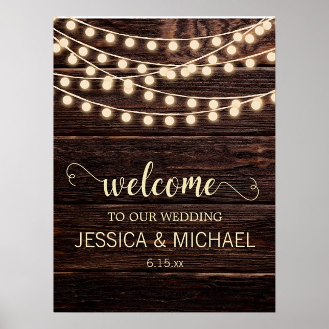 Rustic Barn Wood Country String Lights Wedding Poster (Front)