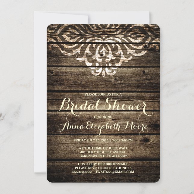 Rustic Barn Wood Damask Bridal Shower Invitation (Front)