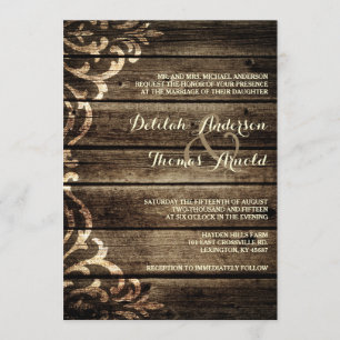 Rustic Barn Wood Damask Vintage Wedding Invitation