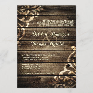 Rustic Barn Wood Damask Vintage Wedding Invitation