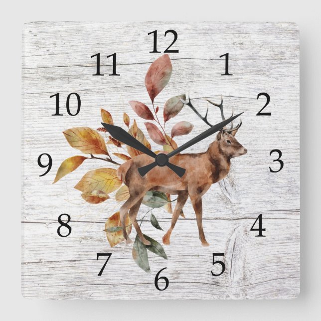 Rustic Barn Wood Deer Antlers Fall Foliage Square Wall Clock (Front)