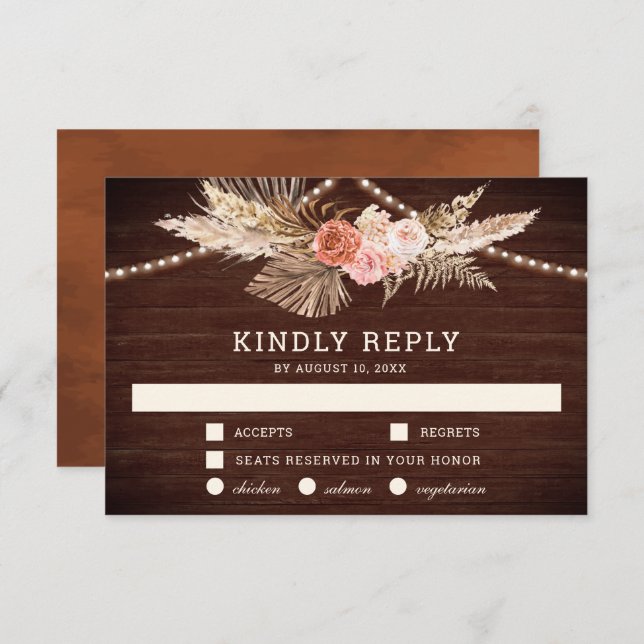Rustic Barn Wood Earthy Floral Boho Pampas Wedding RSVP Card (Front/Back)