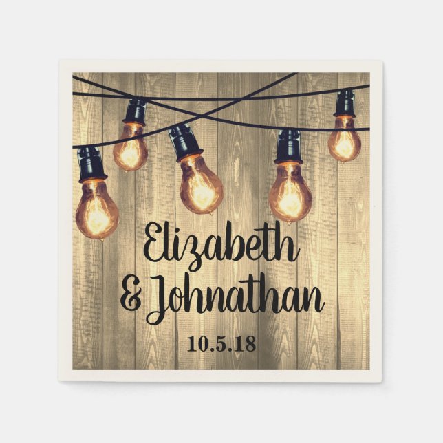 Rustic Barn Wood & Edison Bulb String Lights Napkin (Front)