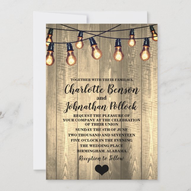 Rustic Barn Wood & Edison Bulbs Wedding Invitation (Front)