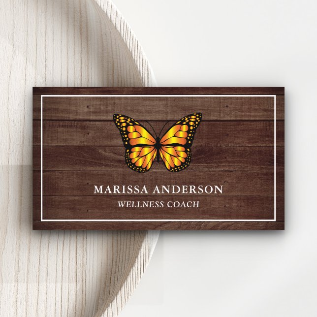 Rustic Barn Wood Elegant Orange Monarch Butterfly Business Card (Creator Uploaded)