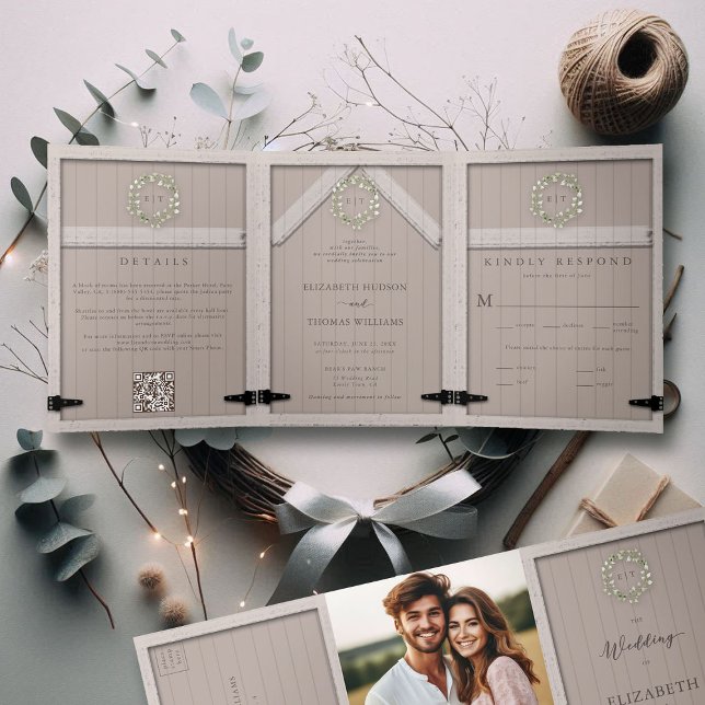 Rustic Barn Wood Eucalyptus Crest Elegant Wedding Tri-Fold Invitation (rustic barn wedding invitation all in one eucalyptus crest light wood country cottage farm formal)