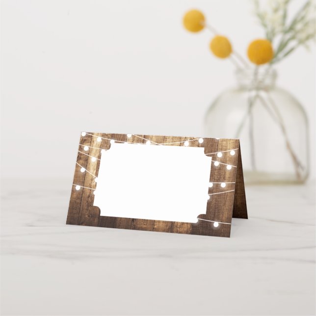 Rustic Barn Wood Fairy Lights Blank Folded Wedding Place Card (Front)