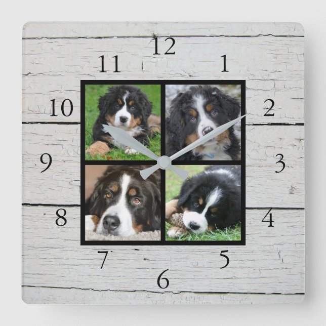 Rustic barn wood Family photo collage Square Wall Clock (Front)